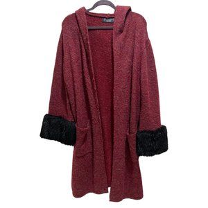 P Luca Red Open Concept Hoodie Faux Fur Long Cardigan Sweater Size L
